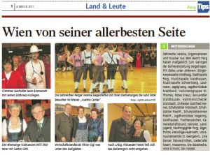 Die Perger Tips berichten über den Ball der Oberösterreicher. Die Rieder Ledasoinbuam gestalteten dabei mit den Rieder Schuhplattler Mentschan und den Münzbacher Schuhplattlern die Mitternachtseinlage